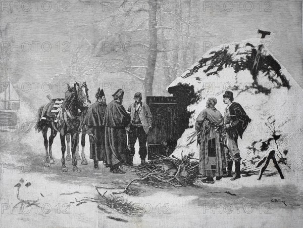 Poacher is interrogated by gendarmes, 1880, Austria, men talking next to horses and a snow-covered