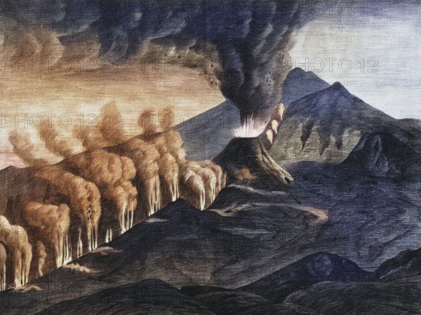 Eruption of Etna on August 29, 1874. Crevice formation and lateral cone, Sicily, Italy, authentic