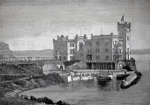 Miramare Castle, Castello di Miramare, near Trieste, directly on a rocky cliff on the Adriatic Sea