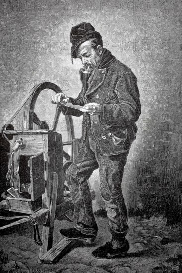 Old man with pipe as a craftsman, scissor grinder at work, 1880, Germany, A man concentrates on a