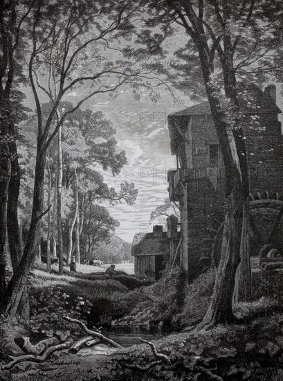 View of a mill with a mill wheel on a stream, 1880, Germany, A winding forest path leads past old