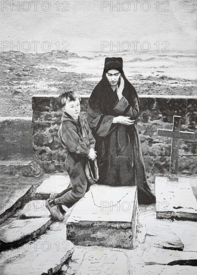 In the cemetery, widow and her son pray at the grave of the deceased father, 1880, A woman and a