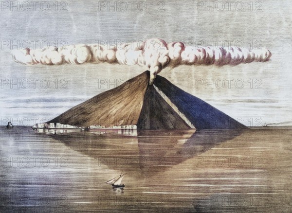 Stromboli volcano, seen from the northwest, Lipari Islands, Italy, authentic reproduction of a