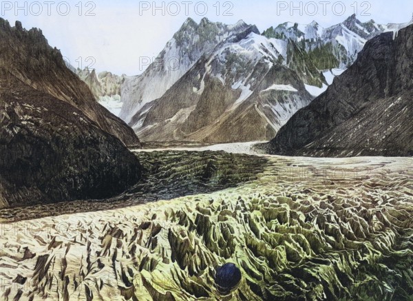 Crevices on the Chamouny Glacier, the famous Mer de Glace in the Mont Blanc massif near Chamonix,