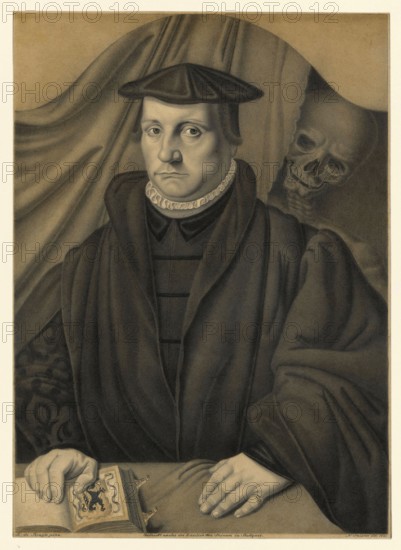 Portrait of a man with a skeleton behind him, a scholar behind whom death lurks, historical,