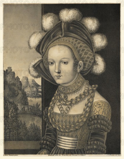 Portrait of a young woman wearing an elaborate gold brocade dress and a hat with feathers. It is
