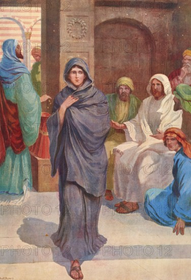 Scene from the biblical story, the sacrifice of the widow, a well-known biblical story about a poor