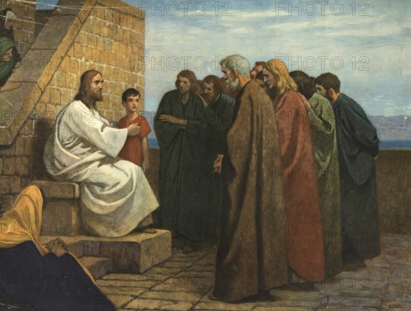 Scene from the biblical story, Jesus truly says I say to you: If you do not repent and become like