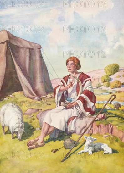 Scene from the biblical story, story of the shepherds in the field describing how angels announce