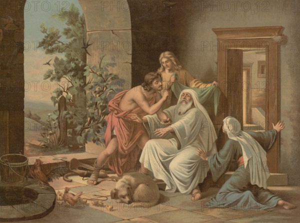 Scene from the biblical story, The Healing of Tobias, the story of how the young Tobias, led by the