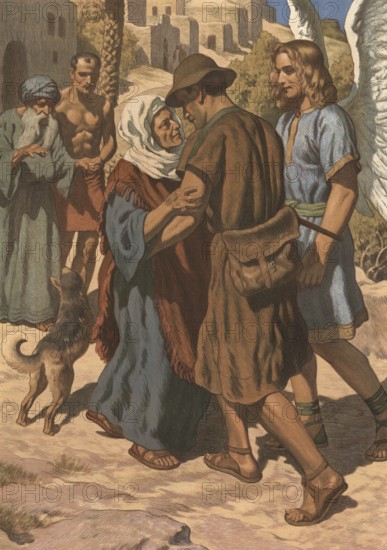 Scene from the biblical story, Tobias' homecoming, story of Tobias traveling to Rages with the