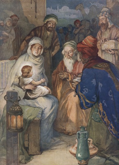 Scene from the biblical story, the Magi or the Three Wise Men from the East, authentic reproduction