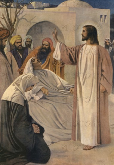 Scene from the biblical story, The Widow's Son, story from the Gospel of Luke in which Jesus raises