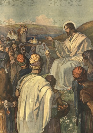 Scene from the biblical story, The Sermon on the Mount, authentic reproduction of a school mural,