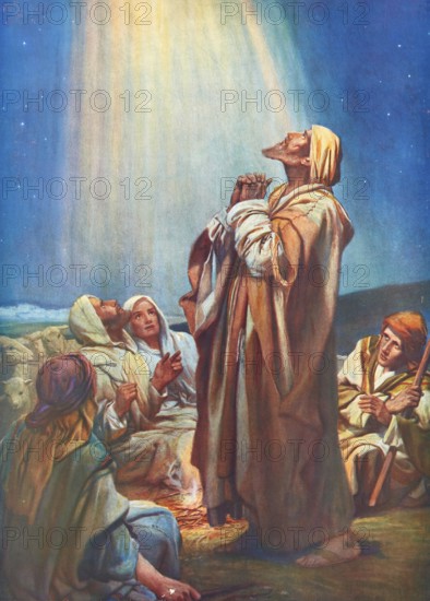 Scene from the biblical story, story of the shepherds in the field describes how angels announce