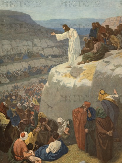 Scene from the biblical story, The Sermon on the Mount, authentic reproduction of a school mural,