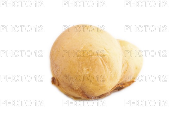 Smoked Mozzarella cheese, with tomatoes and olives isolated on white background, side view, copy