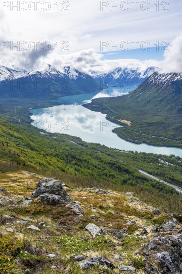 View of snowy mountains and turquoise lake Kenai Lake, Slaughter Ridge Trail, Cooper Landing, Kenai