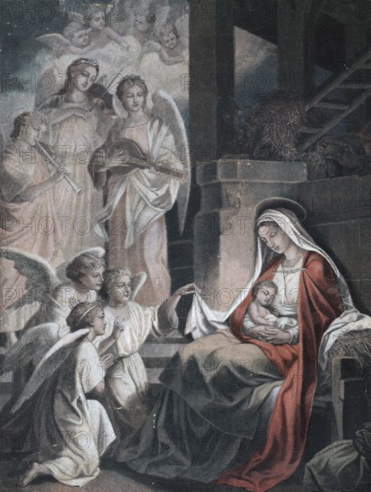 Scene from the biblical story, The Birth of Jesus, authentic reproduction of a school mural,