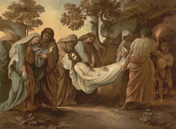 Scene from the biblical story, The Burial of Jesus Christ, authentic reproduction of a school