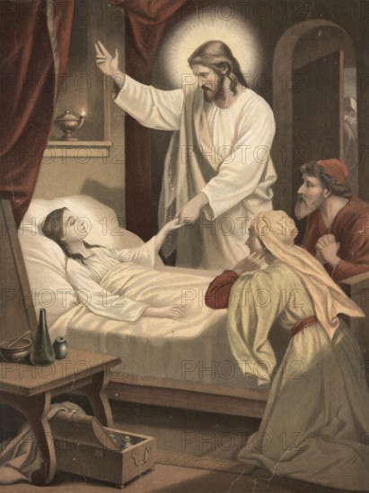 Scene from the biblical story, story of the raising of the daughter of Jairus, authentic