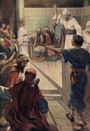 Scene from the biblical story, The Arrest and Trial of Jesus, authentic reproduction of a school