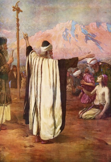 Scene from the biblical story, A story in which God instructed Moses to make a copper snake that