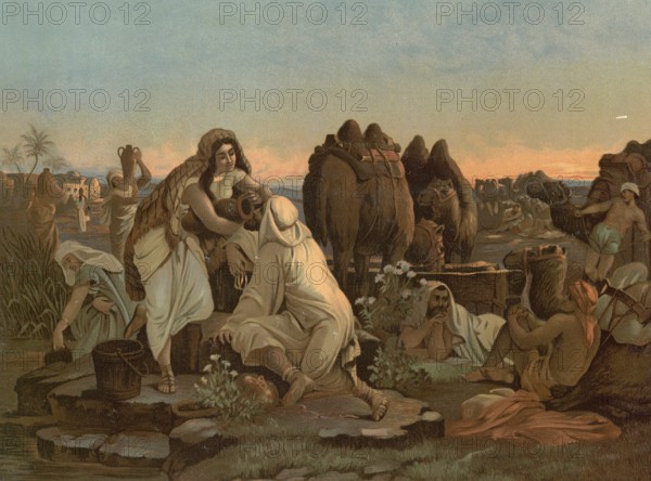 Scene from the biblical story, The story of Rebekah and Eliezer is a central narrative in the
