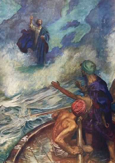Scene from the biblical story, Christ walking on water or Esus walking across water, a well-known