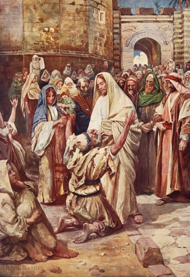 Scene from the biblical story, The story of blind Bartimaeus means that he was a begging,
