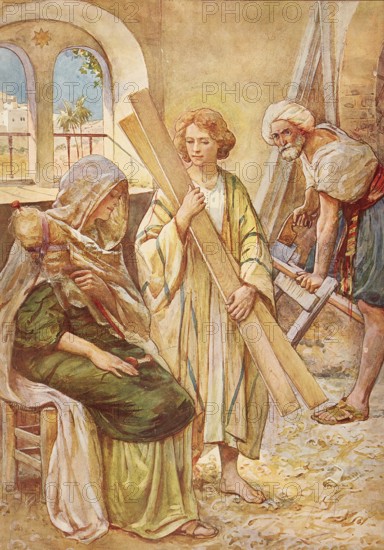 Scene from the biblical story, Jesus as a teenager in Nazareth, authentic reproduction of a school