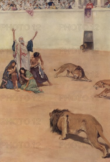 Scene from biblical story, early Christian martyrs in the arena with wild animals, Rome, authentic