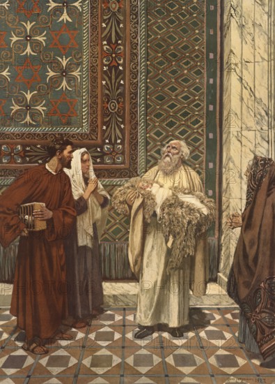 Scene from the biblical story, The Presentation in the Temple, refers to the biblical event in