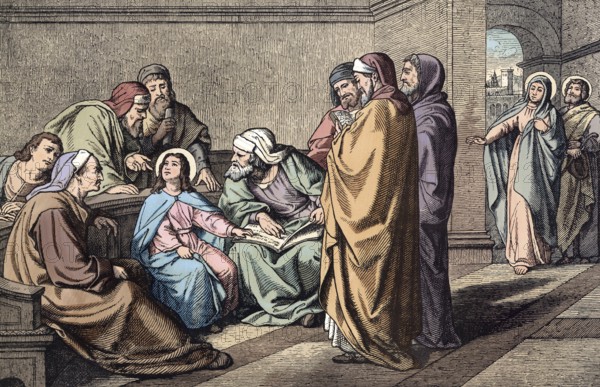 Scene from the biblical story, The story of Jesus as a twelve-year-old in the temple is the only