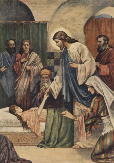 Scene from the biblical story, The Raising of the Daughter of Jairus is a well-known miracle of