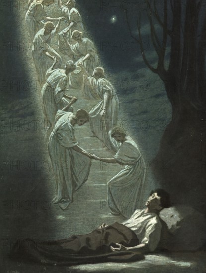 Scene from the biblical story, Jacob's dream, the biblical story of Jacob's Ladder, in which Jacob