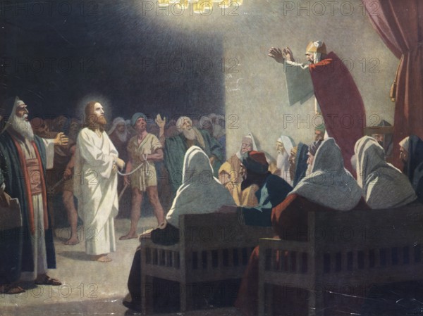 Scene from the biblical story, The Interrogation of Jesus by the High Priest, authentic