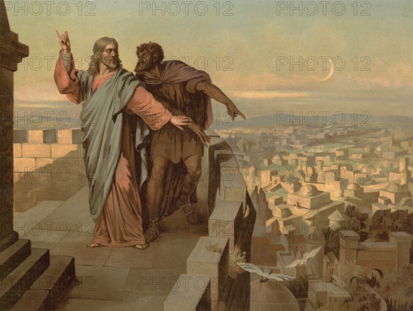 Scene from the biblical story, The Temptation of Jesus by the Devil, authentic reproduction of a