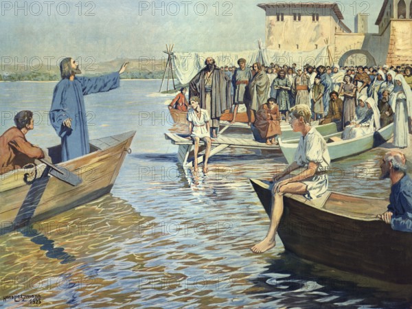 Scene from the biblical story, Jesus preaching at the lake, authentic reproduction of a school
