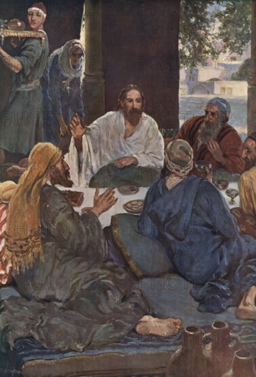 Scene from the biblical story, Jesus as a guest in the house of a Pharisee, authentic reproduction