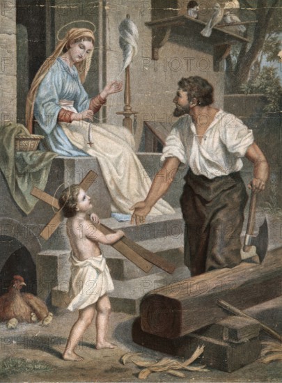 Scene from the biblical story, The Family of Jesus in Nazareth with his father as a carpenter,