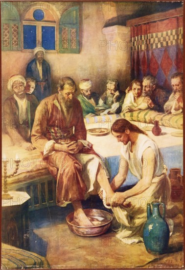 Scene from the biblical story, Jesus washing the feet of his disciples or The washing of feet,