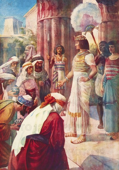 Scene from the biblical story, Joseph and his brothers, authentic reproduction of a school mural,