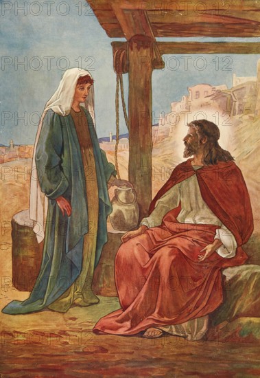 Scene from the biblical story, Jesus at the well, biblical story in which Jesus wearily meets a