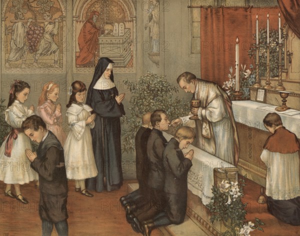 Scene from the biblical story, First Communion or First Holy Communion, a festive Catholic ceremony