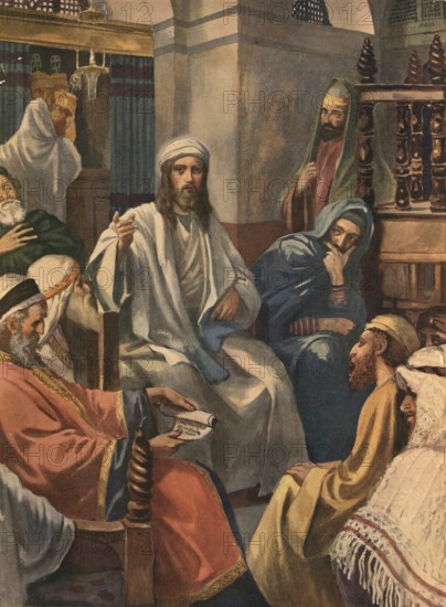 Scene from the biblical story, Jesus in the synagogue of Nazareth, authentic reproduction of a