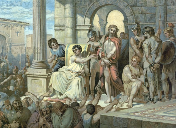 Scene from the biblical story, Jesus in front of Pilate, describes how the chief priests hand Jesus