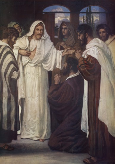 Scene from the biblical story, Jesus and the Apostle Thomas are central figures in the New