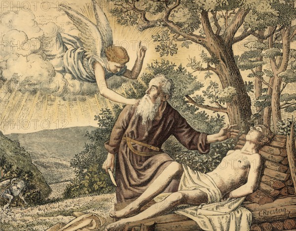 Scene from the biblical story, Isaac's sacrifice, as Abraham tied up his son Isaac but did not kill