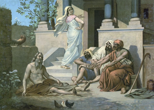 Scene from the biblical story, Job's patience is tested, authentic reproduction of a school mural,